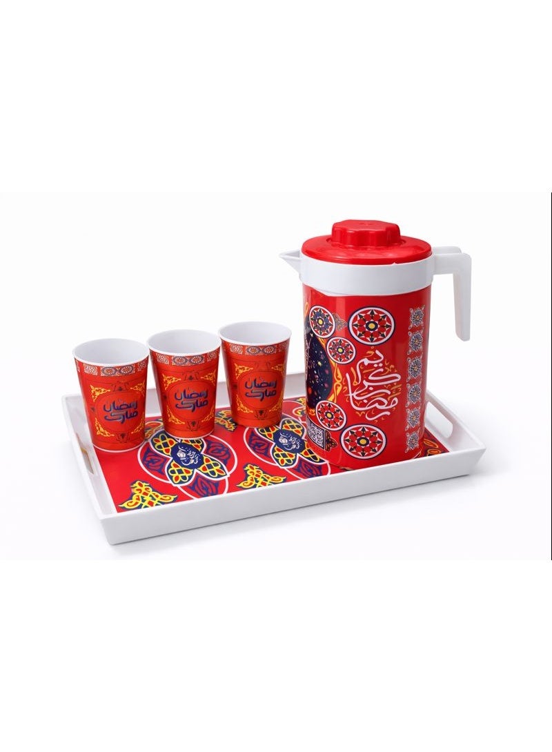 Ramadan Khayamiya Juice Serving Set - 5 Pieces (2L Pitcher + 3 Cups + Serving Tray) - Traditional Red Design with "Ramadan Mubarak" Calligraphy - Image 1